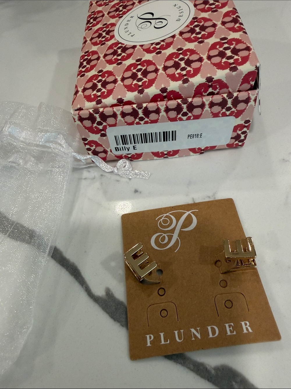 New Plunder “Billy” Gold Tone 'E' Initial Stud Earrings